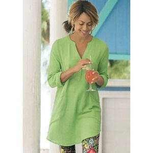 Soft Surroundings Santorini Gauze Top Green Long Sleeve V-neck Women’s Size L